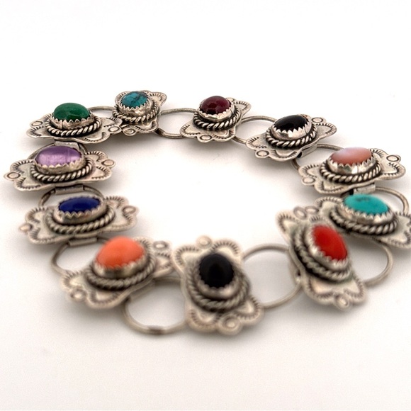 Vintage Signed Navajo Sterling Silver Jeweled Cuff Bracelet RMJ - Picture 5 of 9